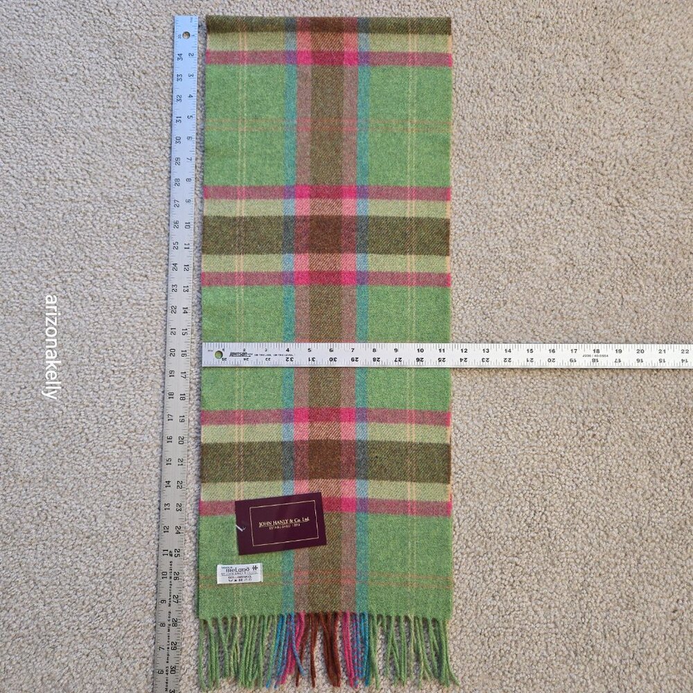 NWT John Hanly Ireland Lambswool Scarf Green & Pink Plaid - Picture 2 of 9